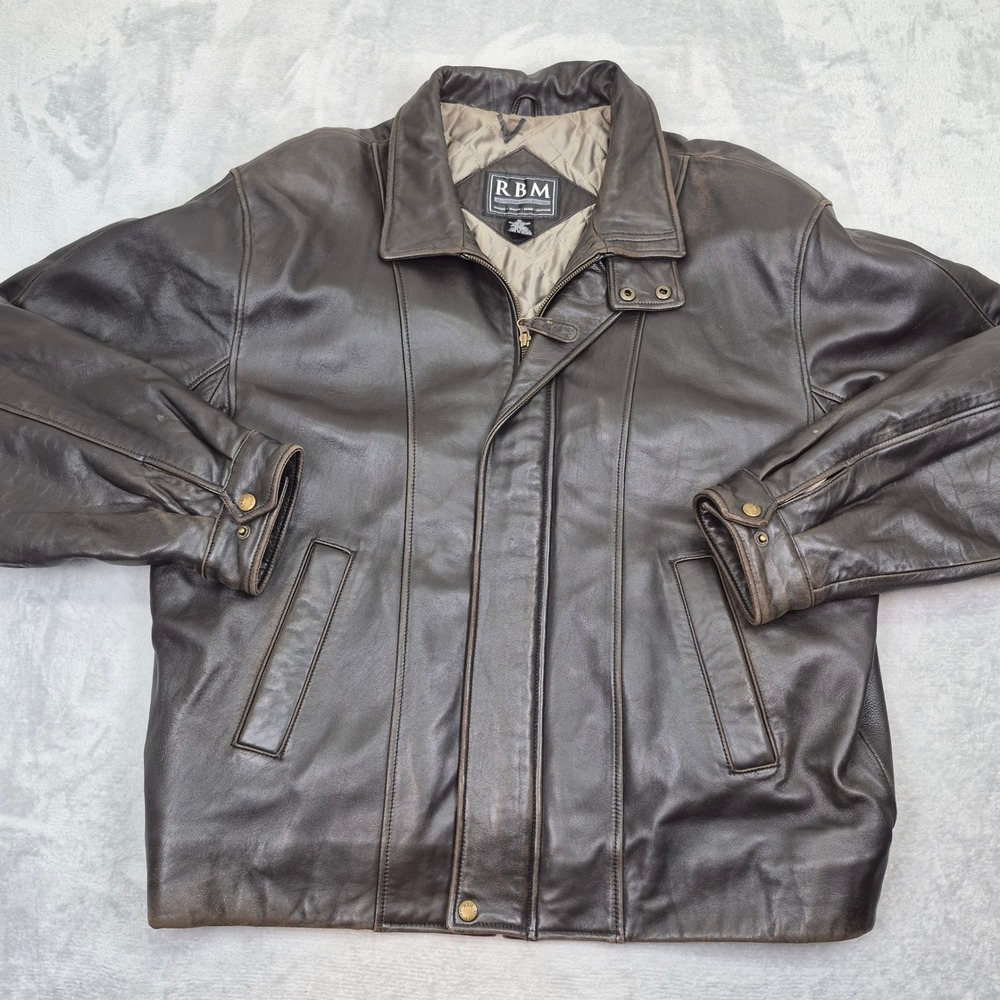 Brown Vintage Leather Winter Jacket Quilted Insulated RBM Bomber Jacket Mens XL